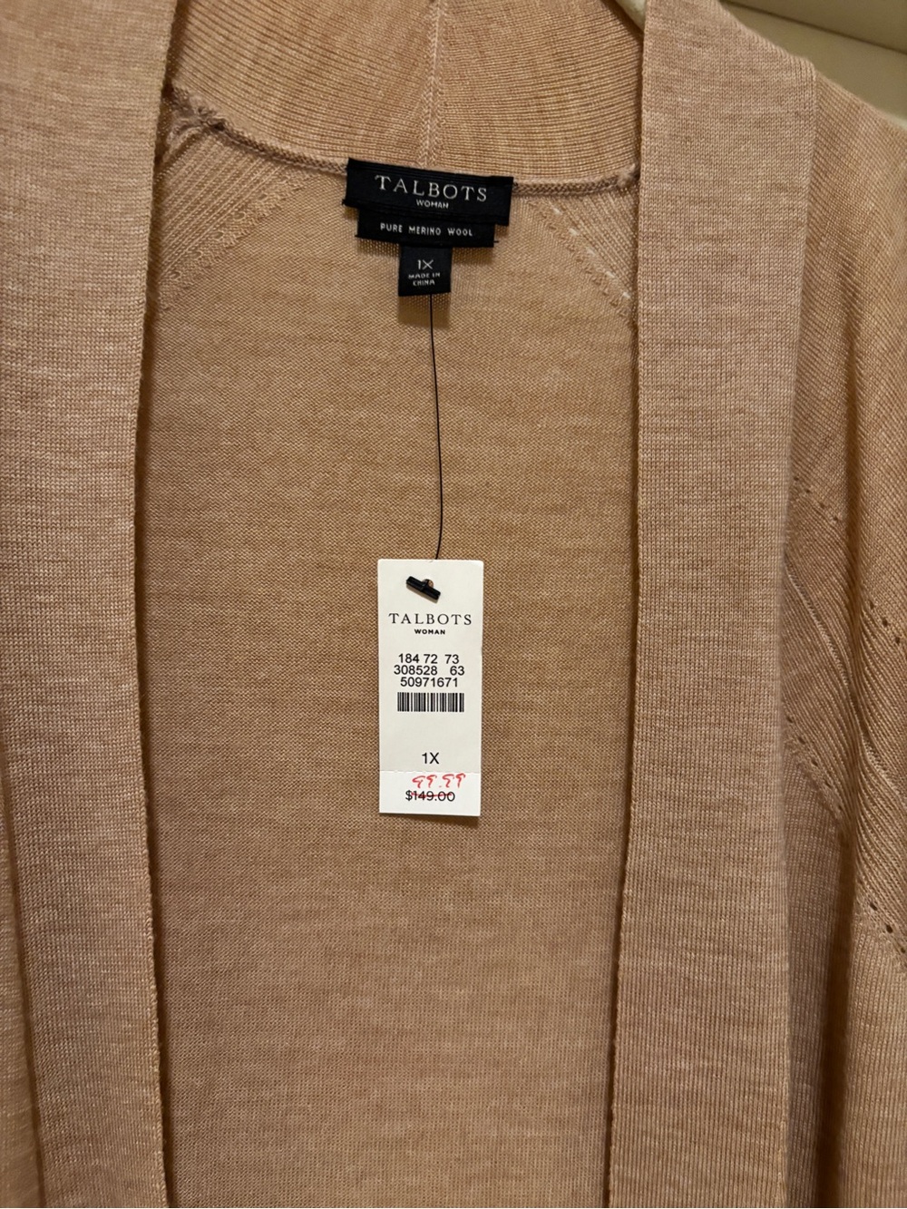 Talbots Women's Merino Wool Open Cardigan — Light Taupe